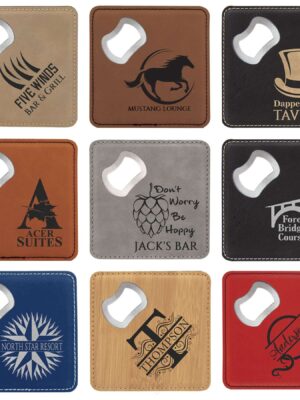 Personalize Custom Leatherette Coasters with bottle opener Stainless Steel Bar, Restaurant or Kitchen Gift Idea
