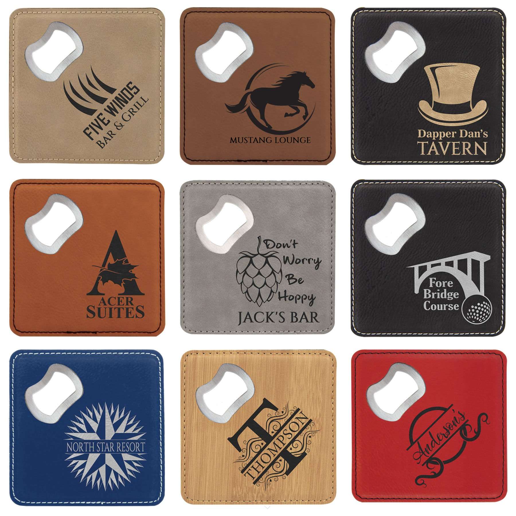 Personalize Custom Leatherette Coasters with bottle opener Stainless Steel Bar, Restaurant or Kitchen Gift Idea