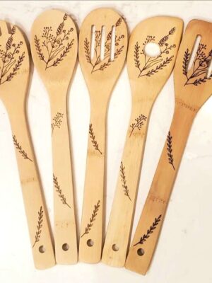 Custom Engraved Wildflower Bamboo Kitchen Cooking Utensil Set
