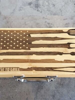 Personalized BBQ Grill Set in bamboo box, license to grill flag