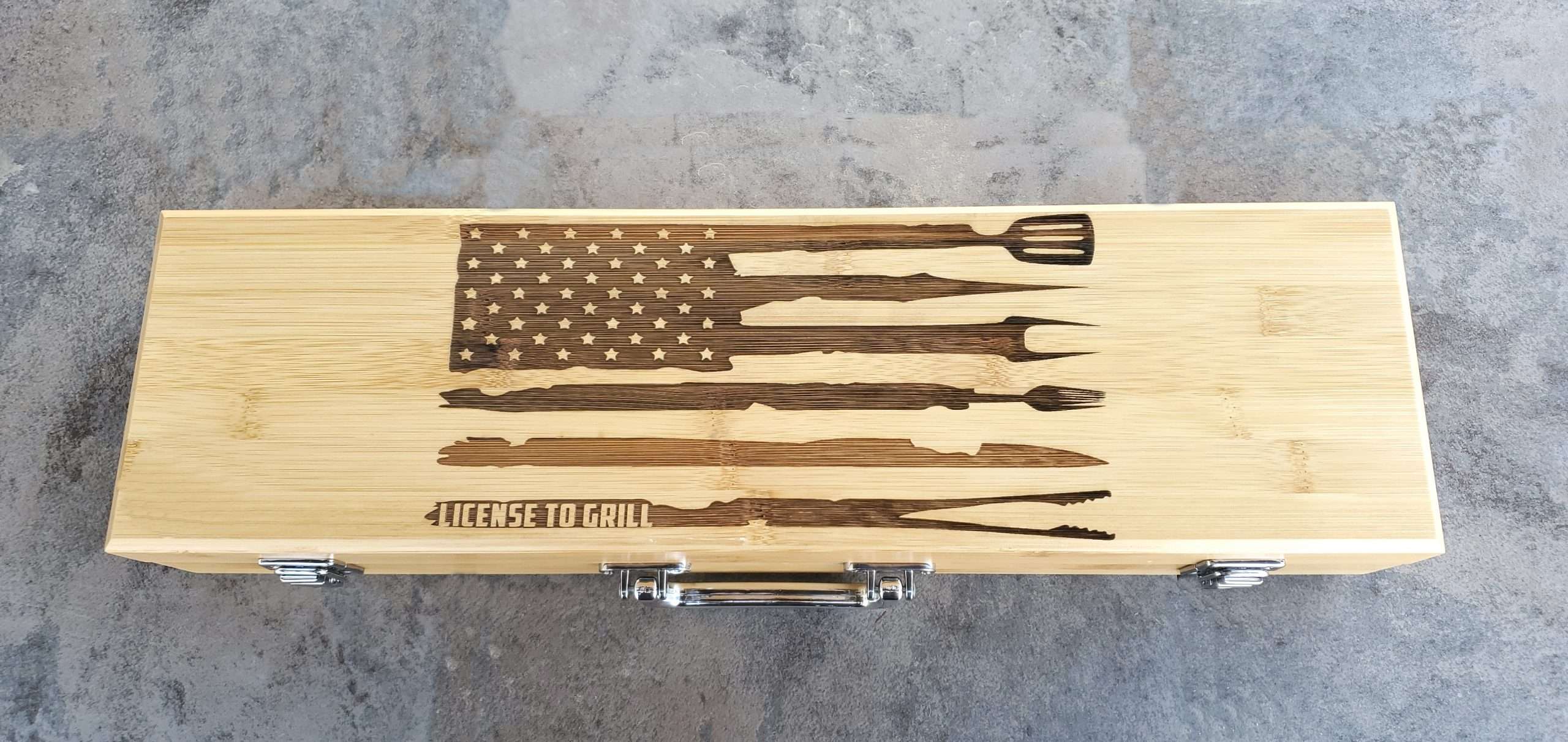 Personalized BBQ Grill Set in bamboo box, license to grill flag