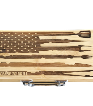 Personalized BBQ Grill Set in bamboo box, license to grill flag